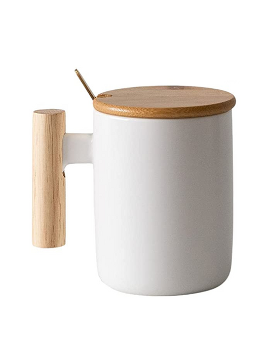 Wooden Handle Ceramic Coffee/Tea Gift Mug Set with Lid and Metal Spoon